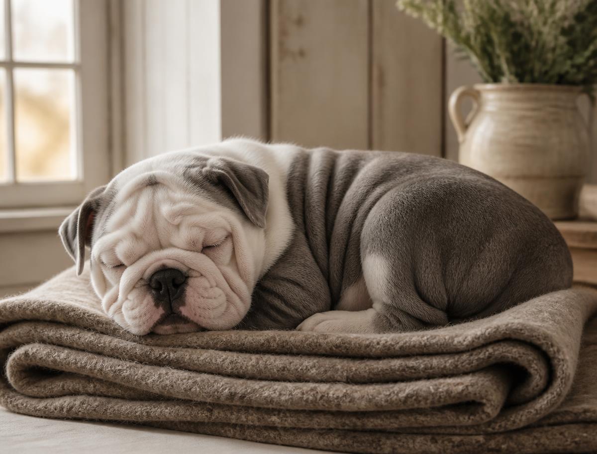 Blue grey and white English Bulldog puppy asleep on a taupe wool blanket
