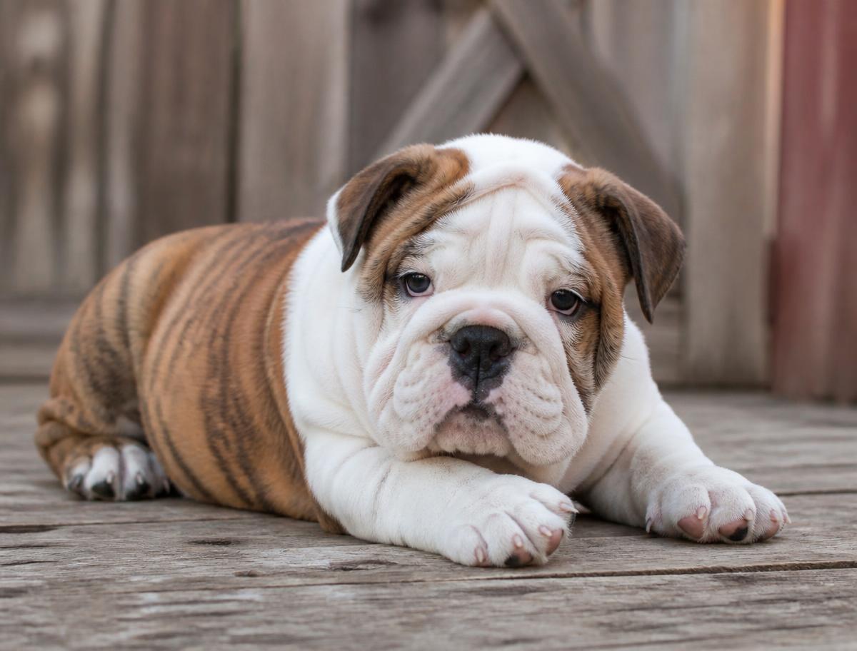 White and red brindle English Bulldog puppy lying on weathered barn wood
