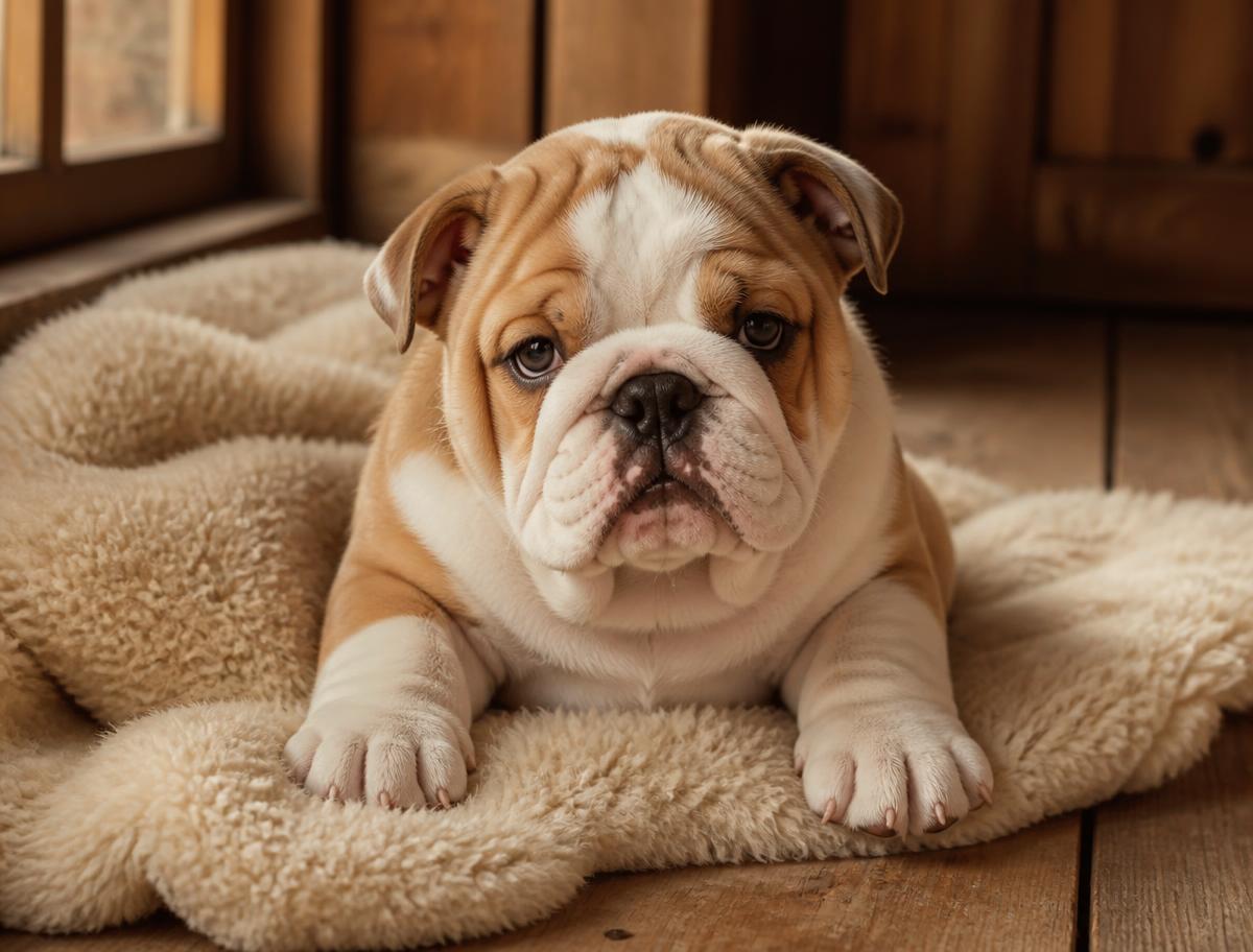 Fawn and white English Bulldog puppy resting on a cream sheepskin blanket